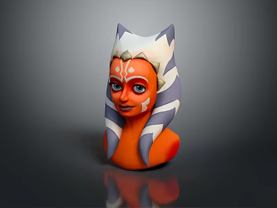Ahsoka Tano 3D Sculpture Bust With Orange Skin Blue White Striped Montrals And Facial Markings 3d model