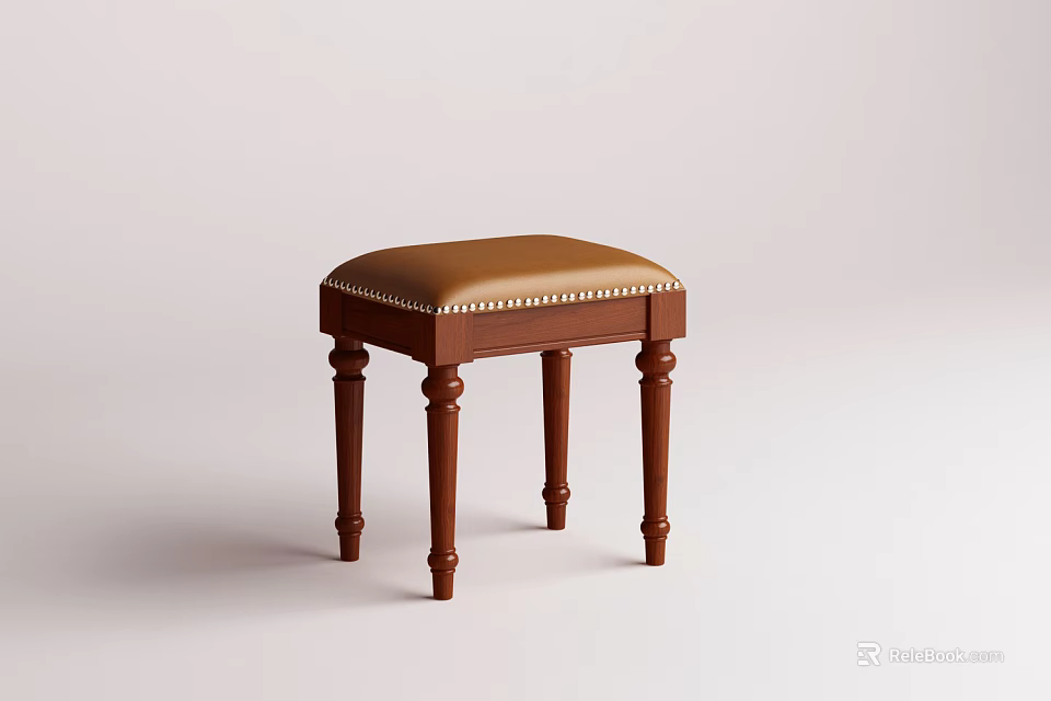 Classic Brown Wooden Stool Featuring Upholstered Seat And Rivet Trim Details 3d model 