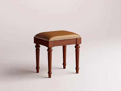 Classic Brown Wooden Stool Featuring Upholstered Seat And Rivet Trim Details 3d model