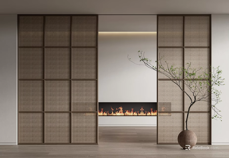 Rattan Sliding Doors In Modern Interior With Fireplace And Potted Plant 3d model 