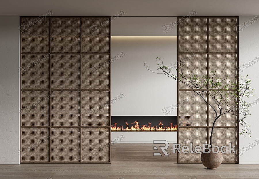 Silly sliding door rattan sliding door green plant potted fireplace model