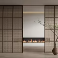 Rattan Sliding Doors In Modern Interior With Fireplace And Potted Plant