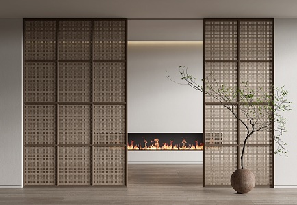 Silly sliding door rattan sliding door green plant potted fireplace 3d model