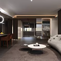 Modern Living and Dining Room Interior With Black Table Orange Chairs And Pendant Light