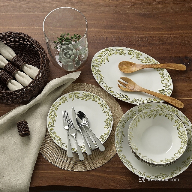 Olive Leaf Pattern Tableware Set With Ceramic Plates Bowls Wooden Spoons Metal Cutlery 3d model 