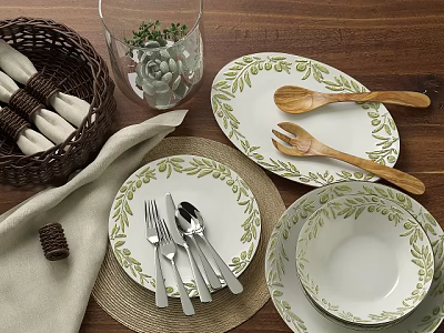 Olive Leaf Pattern Tableware Set With Ceramic Plates Bowls Wooden Spoons Metal Cutlery 3d model