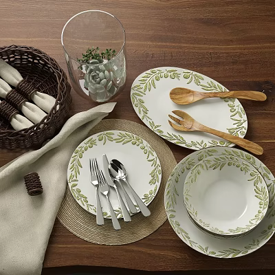 Olive Leaf Pattern Tableware Set With Ceramic Plates Bowls Wooden Spoons Metal Cutlery 3d model