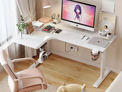 Modern White Home Office Desk With Computer Monitor Desk Lamp Books And Chair 3d model