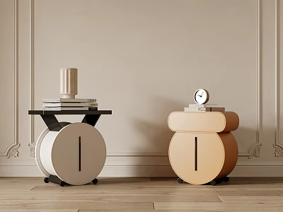 Elegant White and Beige Bedside Tables with Wheels Books Clock and Decorative Items 3d model