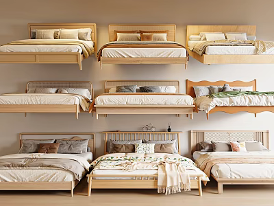 Double Beds With Wooden Frames Various Headboard Designs Pillows And Bed Linens Modern Interior 3d model