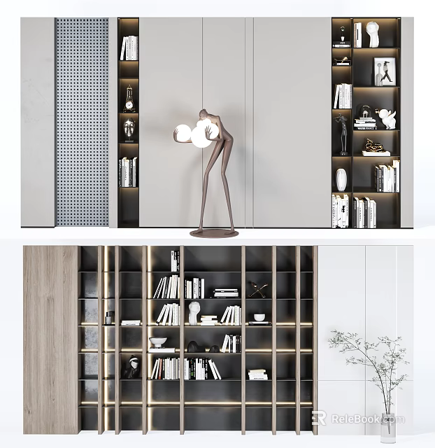 Minimalist Modern Bookshelf With Open Layered Shelves Wooden Accents And Decorative Items 3d model 