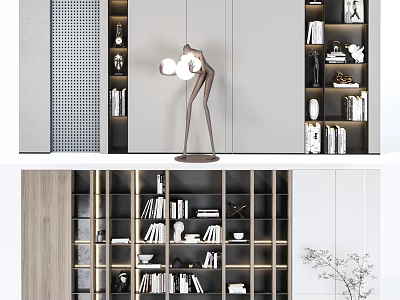 Minimalist Modern Bookshelf With Open Layered Shelves Wooden Accents And Decorative Items 3d model