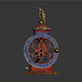 Vintage Electrical Appliance Featuring Red Body Golden Eagle And Blue Red Wheels On Wooden Base