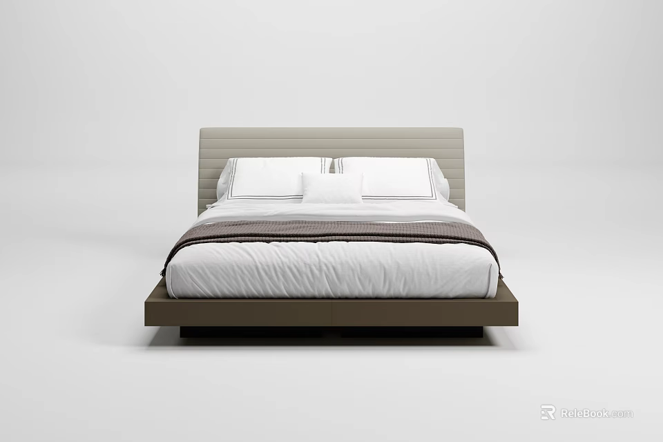 Modern Double Bed with Light Gray Headboard Dark Frame White Mattress and Gray Blanket 3d model 