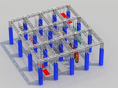 Outdoor Playground Equipment With Metal Frame Blue Pillars And Climbing Components 3d model