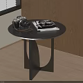 Round Black Side Table with Camera and Magazine Near Wooden Cabinet and Window Blinds
