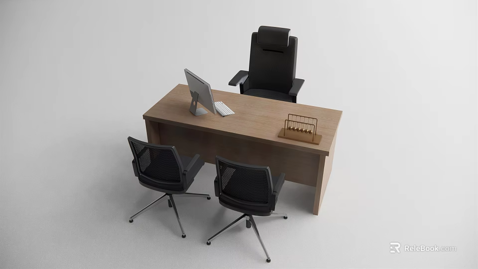 Wooden Office Desk With Computer Monitor Keyboard Black Chairs And Desk Organizer 3d model 