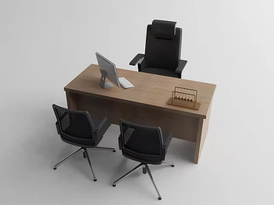 Wooden Office Desk With Computer Monitor Keyboard Black Chairs And Desk Organizer 3d model