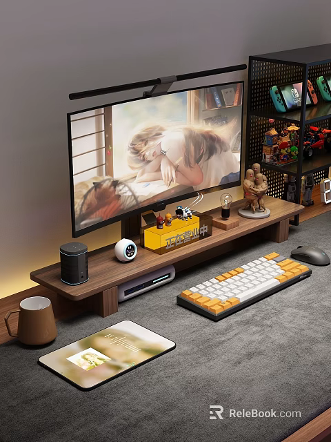 Modern TV Stand With TV Statues Yellow Box Speaker And Router 3d model 