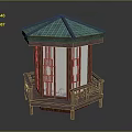 Traditional Chinese Style Pavilion With Green Tiled Roof And Wooden Railed Platform