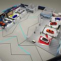 Car Showroom Featuring Various Colored Cars And Geometric Floor Design Display Areas