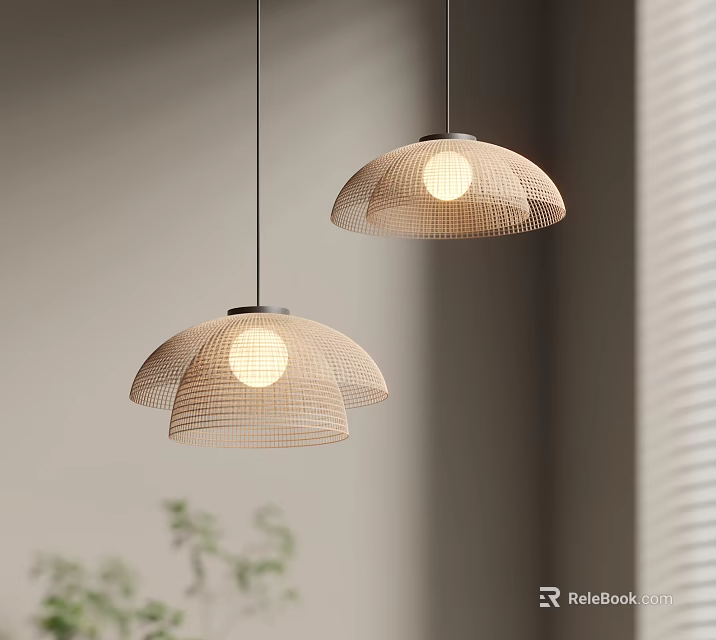 Woven Pendant Lights Round Natural Shade Design With Warm Glowing Bulb In Modern Interior 3d model 