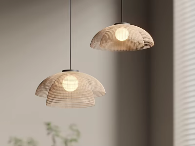 Woven Pendant Lights Round Natural Shade Design With Warm Glowing Bulb In Modern Interior 3d model