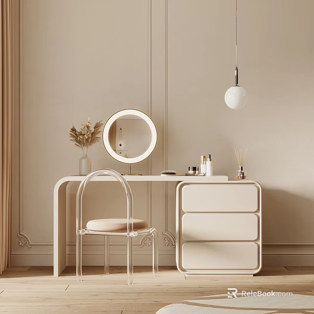 Modern White Dressing Table Interior With Round Lighted Mirror Chair Pink Cushion And Drawers 3d model 