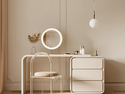 Modern White Dressing Table Interior With Round Lighted Mirror Chair Pink Cushion And Drawers 3d model