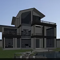 Modern Single Family House With Large Glass Windows Two Story Balcony Lawn And Pool
