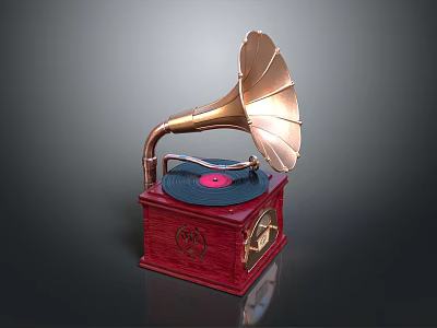 Vintage Phonograph with Brass Horn Red Wooden Base and Black Vinyl Record 3d model