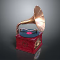 Vintage Phonograph with Brass Horn Red Wooden Base and Black Vinyl Record
