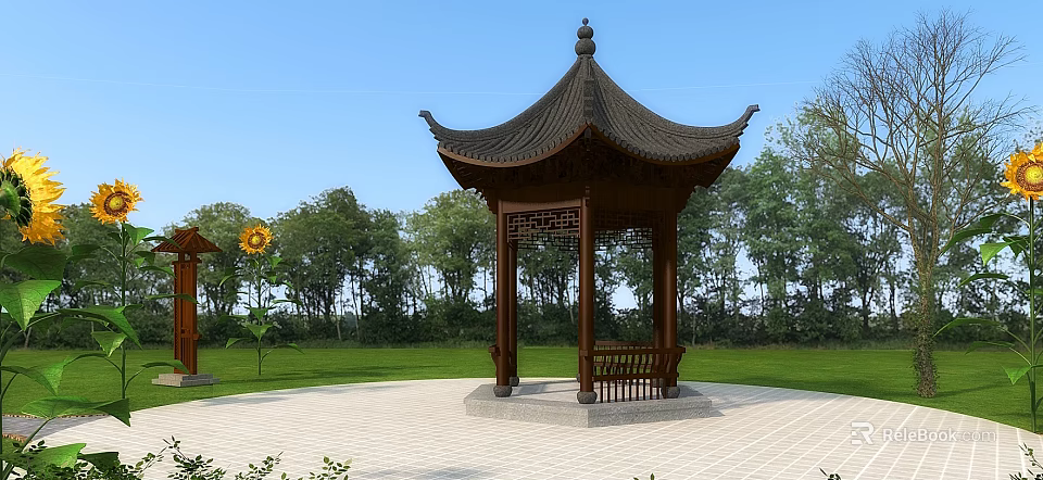 Traditional Chinese Wooden Pavilion With Carved Windows And Black Tiled Roof In Green Garden 3d model 