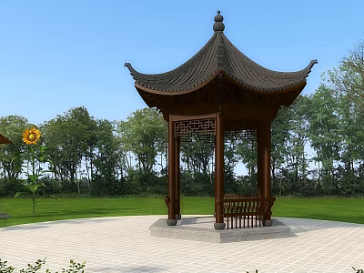 Traditional Chinese Wooden Pavilion With Carved Windows And Black Tiled Roof In Green Garden 3d model