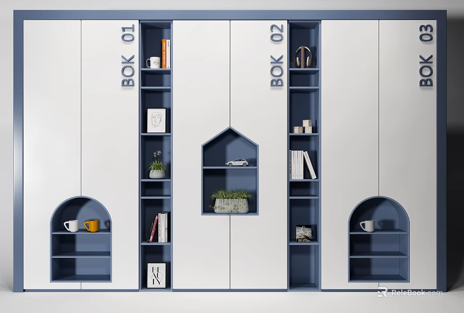 Modern Blue And White Modular Display Cabinet With Geometric Open Compartments Books Plants And Decorations 3d model 
