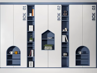 Modern Blue And White Modular Display Cabinet With Geometric Open Compartments Books Plants And Decorations 3d model