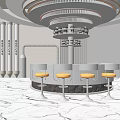 Modern Bar Interior With Round Counter Yellow Stools Circular Pendant Lights And Metal Pipe Decorations