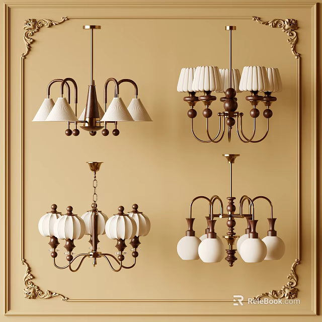 Elegant Chandeliers With Various Designs White Shades And Metal Frames On Beige Walls 3d model 