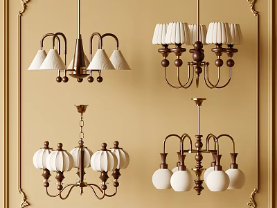 Elegant Chandeliers With Various Designs White Shades And Metal Frames On Beige Walls 3d model
