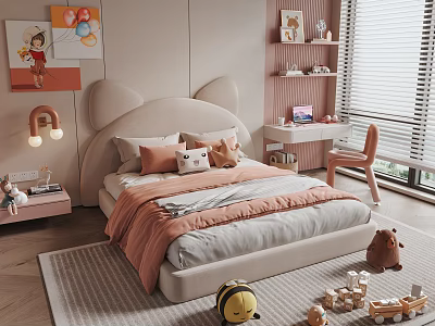 Cat Ear Design Kids Bed With Pillows Blanket Pink Shelf And Toys In Cozy Room 3d model