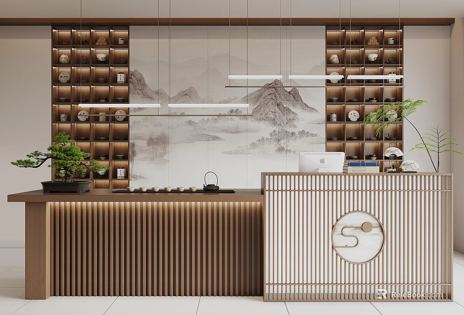 Traditional Chinese Style Reception Desk With Landscape Painting Wooden Decor Lattice Design And Green Plants 3d model 