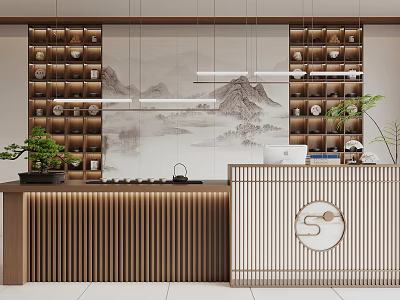 Traditional Chinese Style Reception Desk With Landscape Painting Wooden Decor Lattice Design And Green Plants 3d model