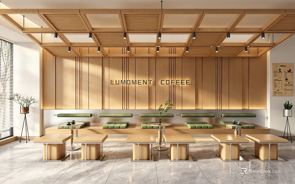 Modern Minimalist Coffee Shop Interior With Wooden Tables And Green Cushioned Chairs 3d model 