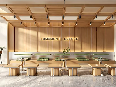 Modern Minimalist Coffee Shop Interior With Wooden Tables And Green Cushioned Chairs 3d model