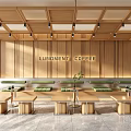Modern Minimalist Coffee Shop Interior With Wooden Tables And Green Cushioned Chairs