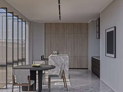 Modern Restaurant Interior With Large Glass Windows Wooden Wall Marble Counter And Round Dining Table 3d model