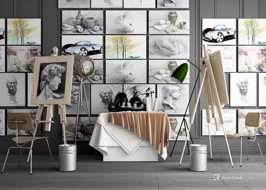 Creative Art Studio With Art Supplies Easels Canvases And Musical Instruments 3d model 