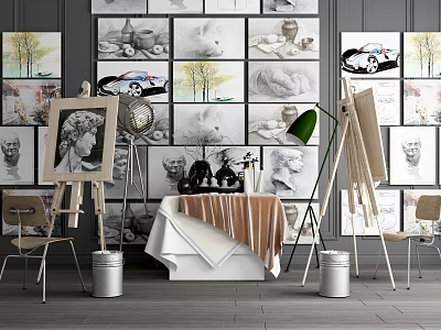Creative Art Studio With Art Supplies Easels Canvases And Musical Instruments 3d model