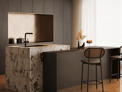 Modern Dining Table With Marble Countertop And Woven Chairs By Dark Cabinets With Flowers 3d model