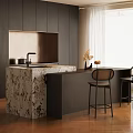 Modern Dining Table With Marble Countertop And Woven Chairs By Dark Cabinets With Flowers